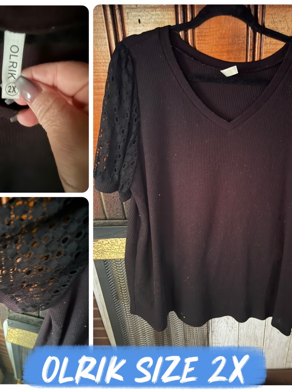 Olrik Plus Size 2X Black V-Neck Short Sleeve Tee with Eyelet Sleeves